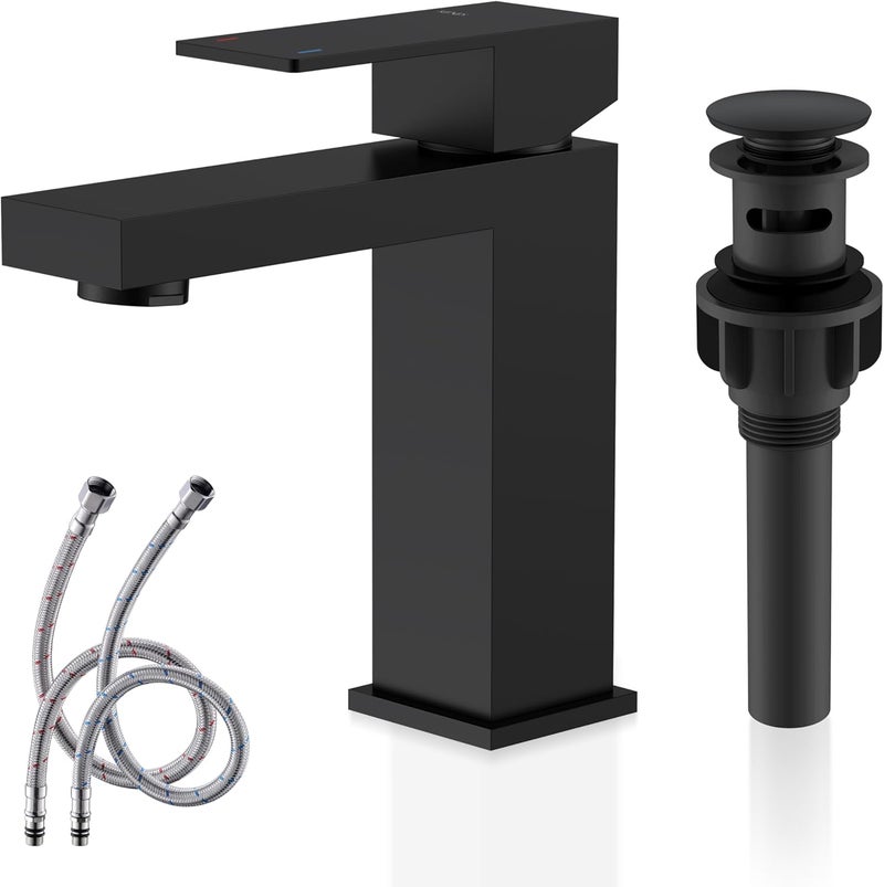 KENES Matte Black Single Handle Bathroom Sink Faucet, Stainless Steel Vanity Faucet for Bathroom Sink, with Pop Up Drain Stopper & Water Supply Hoses LJ-9031-2 - Image 1