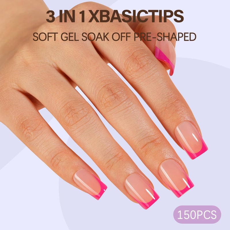 Misssix XBASICTIPS French Tip Press On Nails, 150Pcs Pink Press On Nails Short Square, French Soft Gel Nail Tips, Pre-shaped No Need to File 3 in 1 Tips, Fake Nails for Nail Art DIY Designs 15 Sizes - Image 3