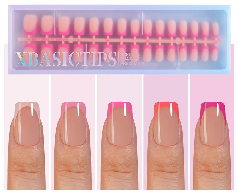 Misssix XBASICTIPS French Tip Press On Nails, 150Pcs Pink Press On Nails Short Square, French Soft Gel Nail Tips, Pre-shaped No Need to File 3 in 1 Tips, Fake Nails for Nail Art DIY Designs 15 Sizes - Image 1