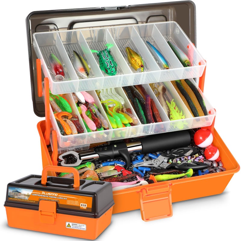 PLUSINNO Large 3 Layers Tackle Box with Tackle Included, 415Pcs Fishing Lures Kit Contains Pliers, Crankbait, Hooks, Weights & Accessories, Comprehensive Bait Lure Gear Gifts for Men Bass Freshwater - Image 1