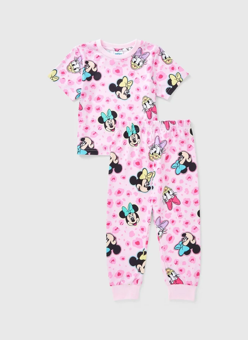 Matalan Disney Girls Pink Minnie Mouse Animal Print Pyjama Set