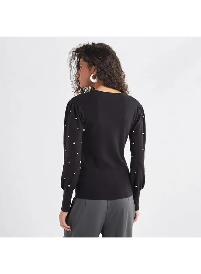 Splash FAV Pearl Embellished Sweater with Long Sleeves