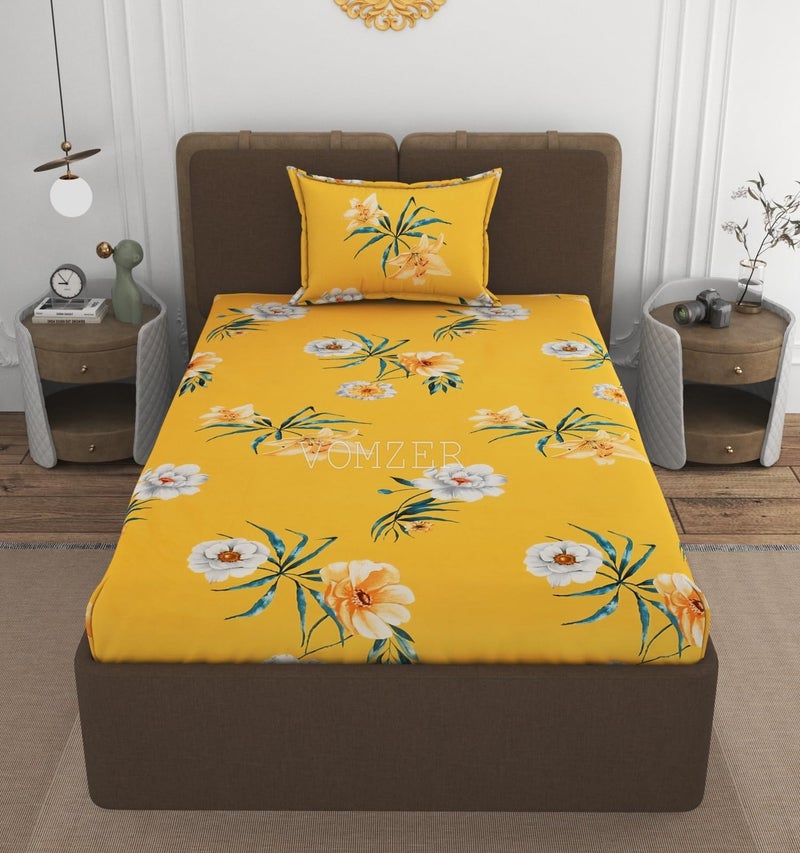 VOMZER 300 Tc Elastic Fitted Bedsheets Single Bed With 1 Pillow Cover | Single Bed With All Around Elastic, Size 36 X 72 X 10 Inches (Yellow Flower), Queen - Image 1