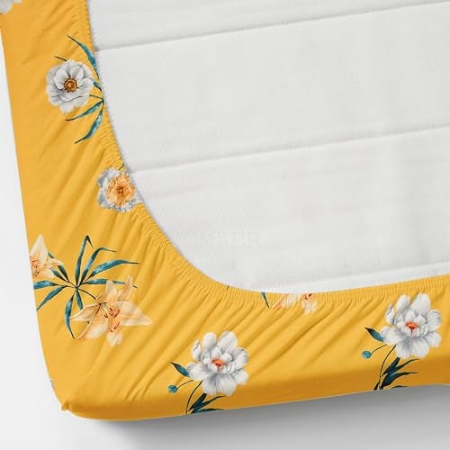 VOMZER 300 Tc Elastic Fitted Bedsheets Single Bed With 1 Pillow Cover | Single Bed With All Around Elastic, Size 36 X 72 X 10 Inches (Yellow Flower), Queen - Image 3
