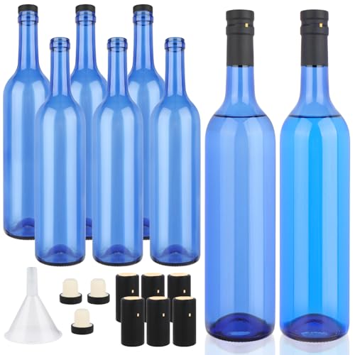 GUANENA 8 Pack 750ml Blue Glass Bottles with Cork Lids and PVC Shrink Capsules, Empty Home Brewing Wine Bottles with Funnel for Sparkling Wine, Juice, Kombucha, Beverages - Image 1