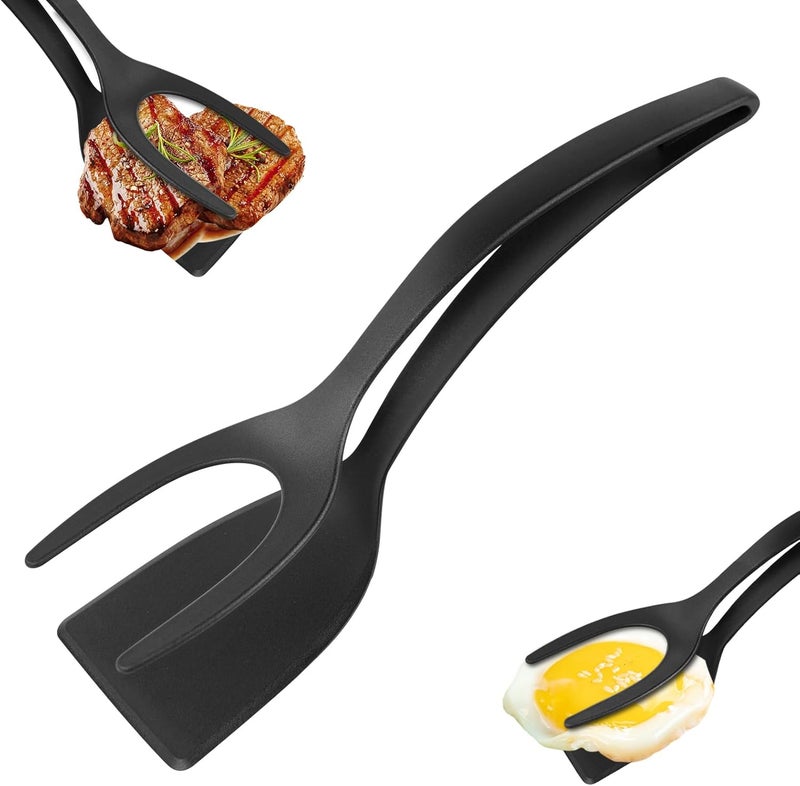 hotut Egg Flipper Spatula, 2 in 1 Grip and Flip Egg Spatula Tongs, Tongs Grip and Flip Fried Egg Turners Cooking Tool, Pancake Fish French Toast Omelet Making Home Kitchen Cooking Tools (Black) - Image 1