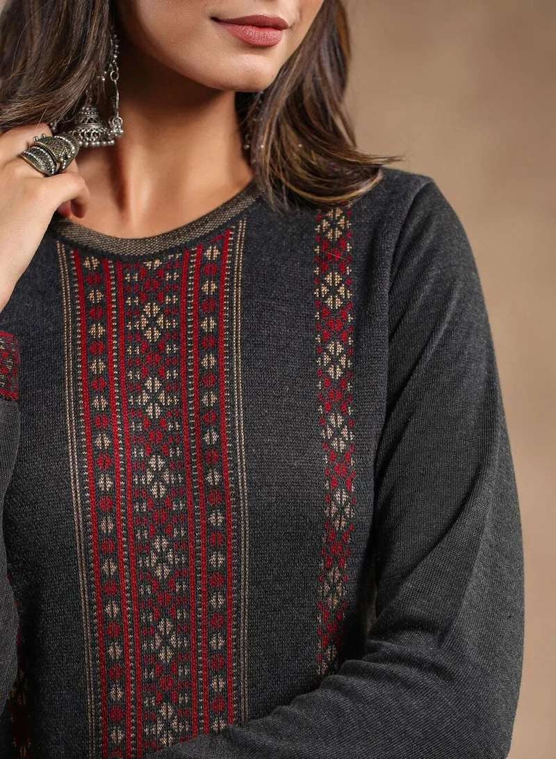 آي شين تونيك نسائي مستقيم بياقة مطرزة من البوليستر والفحم