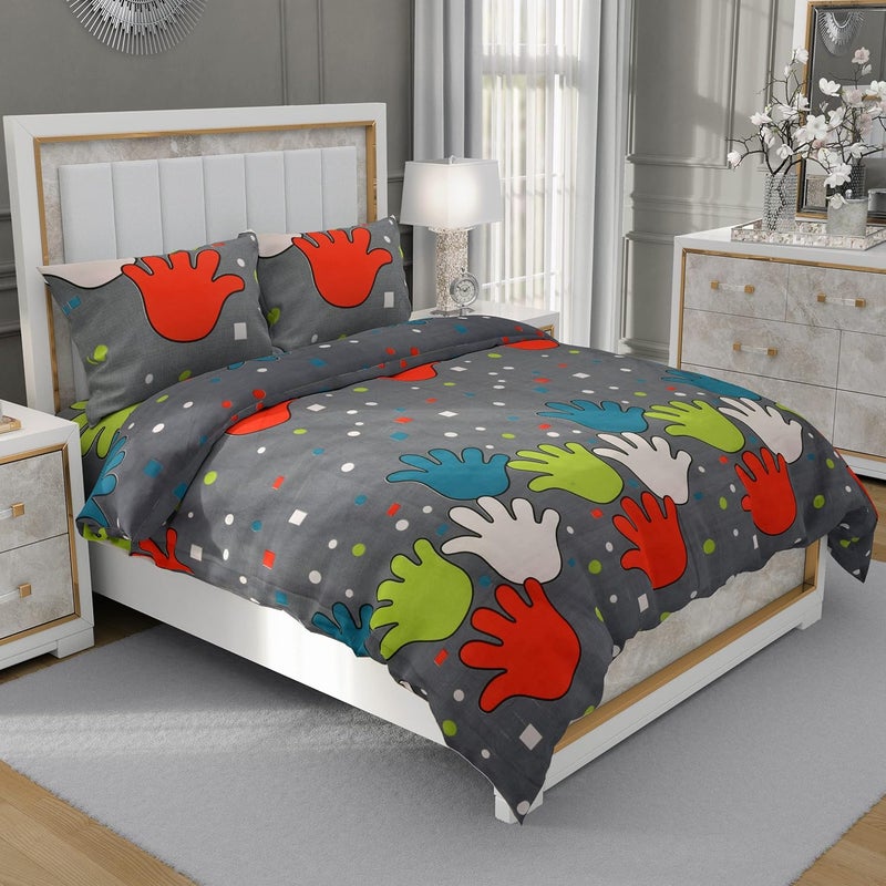ManavRachit Cotton 210 TC BedSheet 90 x 100 inches with 2 Pillow Covers Cartoon Hand Printed Double Bed King Size for Kids Bed Home and Living Room Gray - Image 1