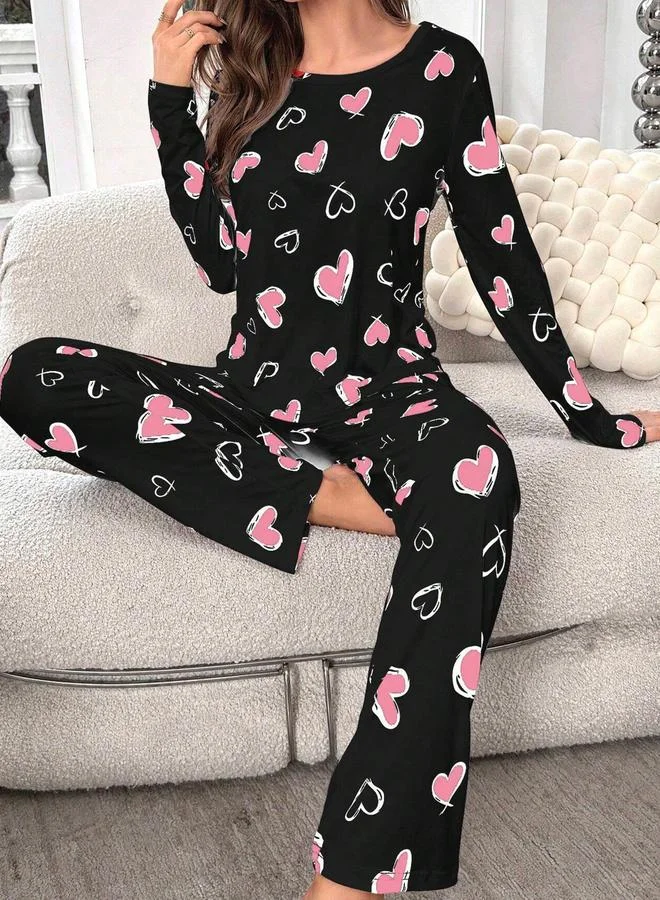 تايك تو طقم تيشيرت بأكمام طويلة بطبعة قلب مع بنطال