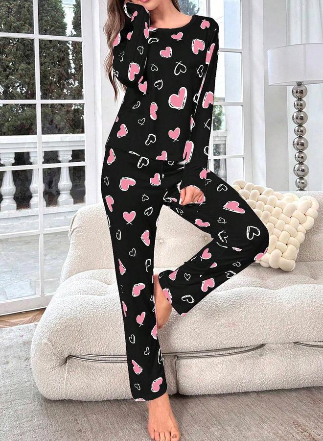 Take Two Heart Print Long Sleeve T-Shirt and Pyjama Set - Image 4