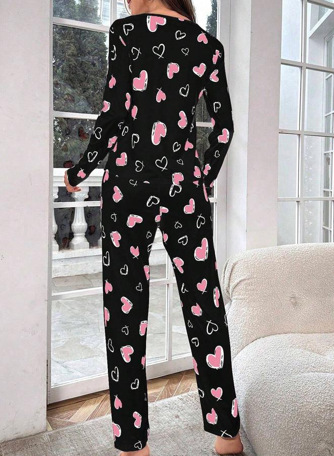 Take Two Heart Print Long Sleeve T-Shirt and Pyjama Set - Image 2