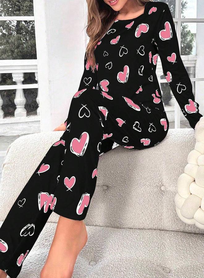 Take Two Heart Print Long Sleeve T-Shirt and Pyjama Set - Image 5