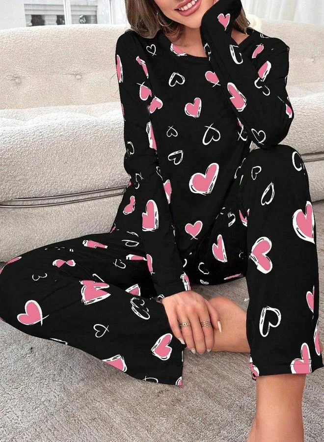 تايك تو طقم تيشيرت بأكمام طويلة بطبعة قلب مع بنطال