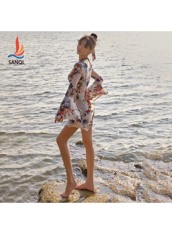 Sanqi Two-piece Swimsuit For Women, Long-sleeve Three-piece Set, Bikini, Chinese Style, Elegant, Hot Spring And Beach Vacation Swimwear, Off-white, XL - Image 3