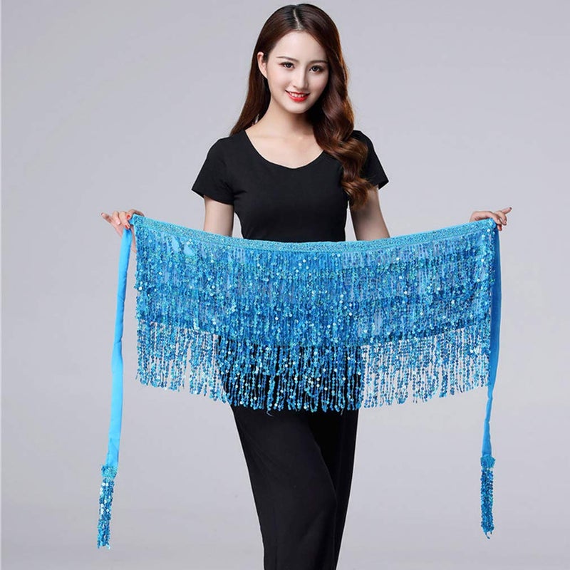 Fenyong Women's Sequin Tassel Skirts Sparkly Rave Fringe Hip Scarf for Festival Costume(Sky Blue) - Image 3