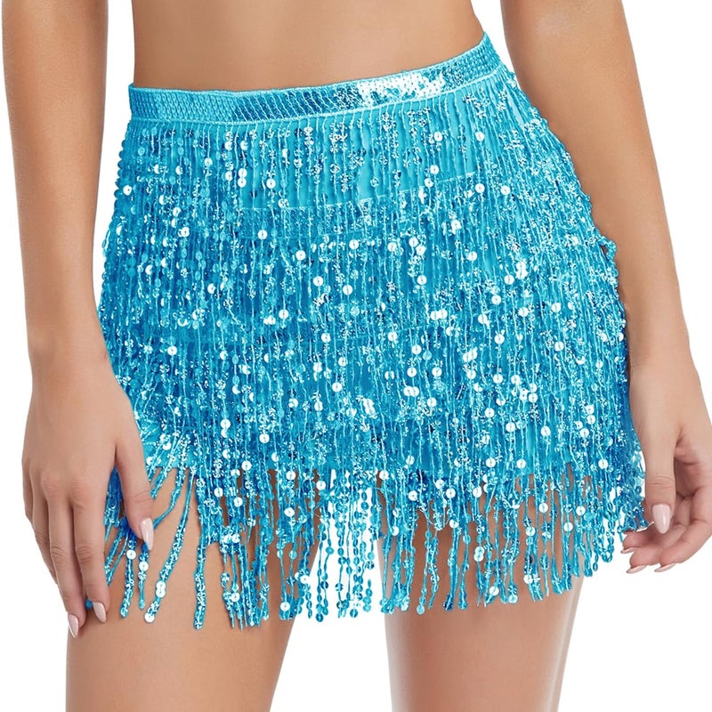 Fenyong Women's Sequin Tassel Skirts Sparkly Rave Fringe Hip Scarf for Festival Costume(Sky Blue) - Image 1