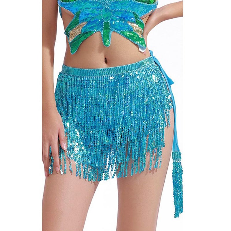 Fenyong Women's Sequin Tassel Skirts Sparkly Rave Fringe Hip Scarf for Festival Costume(Sky Blue) - Image 4