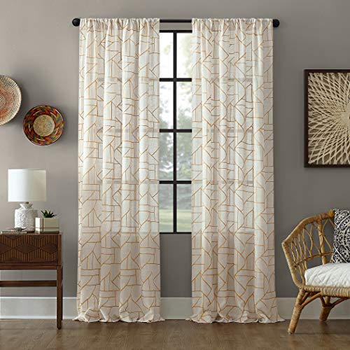 Archaeo - 54889 Fragmented Geometric Embroidery Mid-Century Modern Natural Blend Curtain, 50" x 84" Panel, Gold/Linen - Image 1