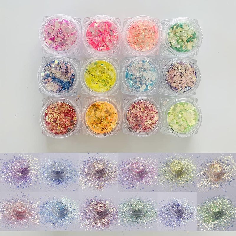 50g Pack High Sparkle Iridescent Chunky Mixes Glitter Opal Sequins for Nail Art Glitter Manicure Material Crafts Art Decoration NC 12 Colors Set
