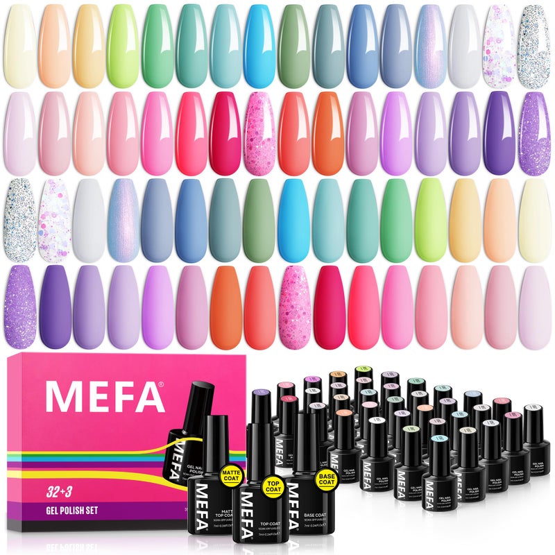 MEFA 35 Pcs Pastel Gel Nail Polish Set, 32 Colors Spring Collection Gel Nail Polish Kit Macaron Pink Green Nail Art Manicure DIY Home Decoration Beginners Gifts for Women Girls - Image 1