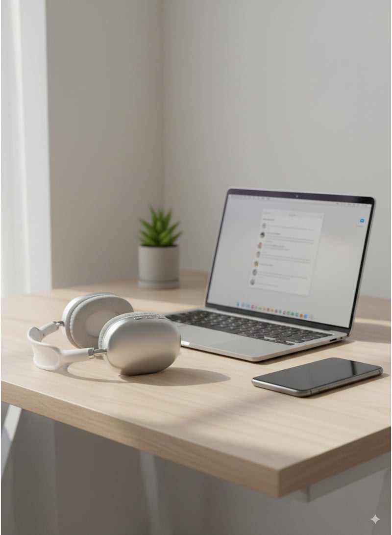 p9 Wireless Bluetooth Headphone - Over Ear Stereo Music Headset with Memory Card Support, Gaming Headphones with Built-in Microphone for Laptop, Mobile Phone, PC - White - Image 3