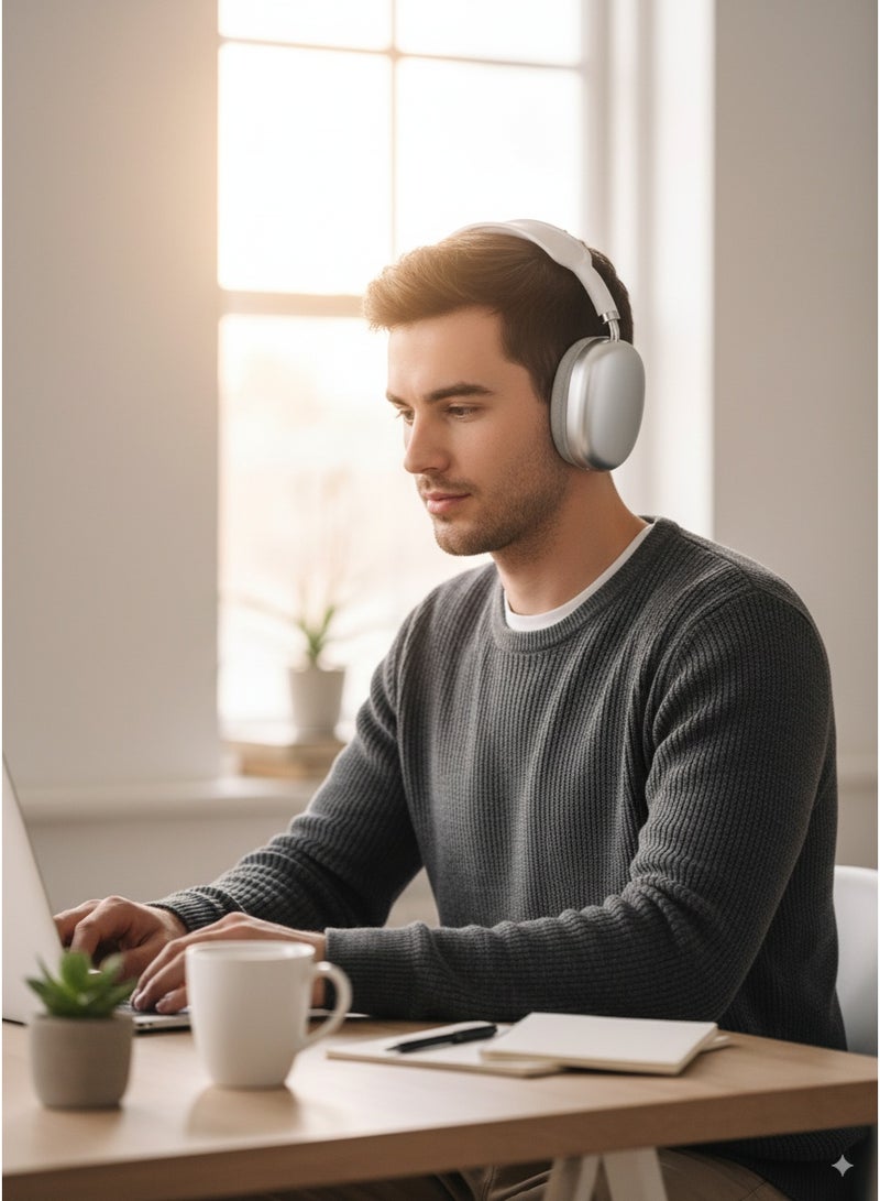 p9 Wireless Bluetooth Headphone - Over Ear Stereo Music Headset with Memory Card Support, Gaming Headphones with Built-in Microphone for Laptop, Mobile Phone, PC - White - Image 2