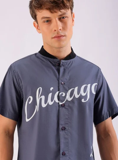 The Indian Garage Co Men Regular Fit Placement Print Half Sleeves Baseball Collar Casual Shirt