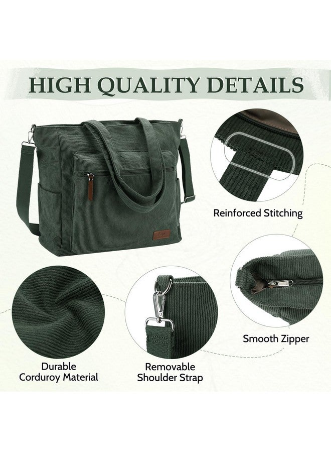 Kasqo Tote Bag for Women,Large Casual Corduroy Tote Handbags Shoulder Bag with Zipper Hobo Crossbody Purse for Work Travel,Army Green - Image 4