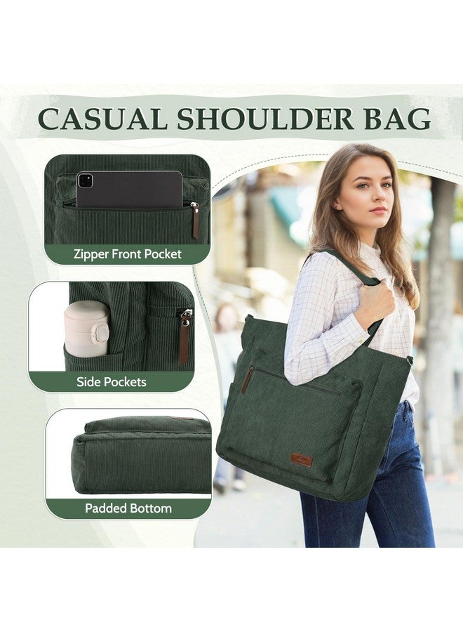 Kasqo Tote Bag for Women,Large Casual Corduroy Tote Handbags Shoulder Bag with Zipper Hobo Crossbody Purse for Work Travel,Army Green - Image 3