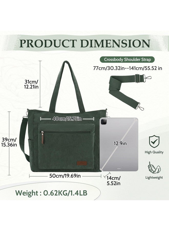 Kasqo Tote Bag for Women,Large Casual Corduroy Tote Handbags Shoulder Bag with Zipper Hobo Crossbody Purse for Work Travel,Army Green - Image 1