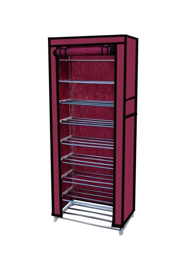 ROBMOB Multipurpose Collapsible 9 Layer Metal Shoe Stand, Shoe Organiser for Home & Office (Maroon, Metal) - Image 1