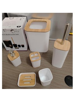 Generic Reusable Bamboo Bathroom Accessories Set, Includes Toilet Brush, Soap Dispenser, Waste Bin, Toothbrush Holder, Soap Dish and Cup, 6 Pieces 