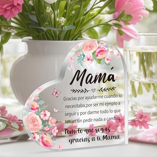 Yopyame Acrylic Gifts for Mom - Regalos para Mamá Acrylic Gifts Spanish Mom Acrylic Heart Keepsake Paperweight from Daughter Son Mother's Day Birthday Christmas Valentines Acrylic Sign Plaque for Mom - Image 4