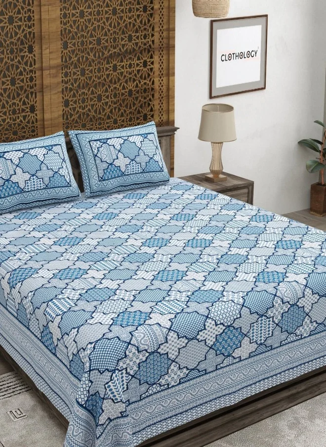 CLOTHOLOGY CLOTHOLOGY Blue Ethnic Motifs Pure Cotton 180 TC King Fine Bedsheet with 2 Pillow Covers