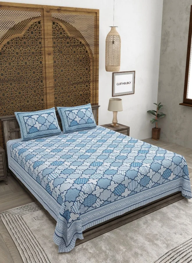 CLOTHOLOGY CLOTHOLOGY Blue Ethnic Motifs Pure Cotton 180 TC King Fine Bedsheet with 2 Pillow Covers