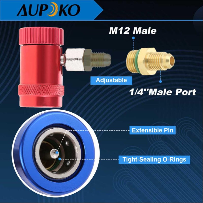 Aupoko موصلات أوبوكو R1234yf السريعة، موصلات يدوية للجانب العالي/المنخفض R1234yf مع منفذ ذكر 1/4"، بديل لمجموعة مقياس مانيفولد لمبردات الهواء - Image 2