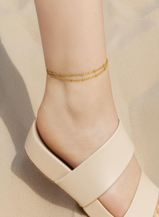 Amberta Silver Gold Waterproof Ankle Bracelets for Women | Boho Layered Anklets for Women | Summer Jewelry, Adjustable Ankle Chain Beaded Rope Heart: Gold Beads - Image 4