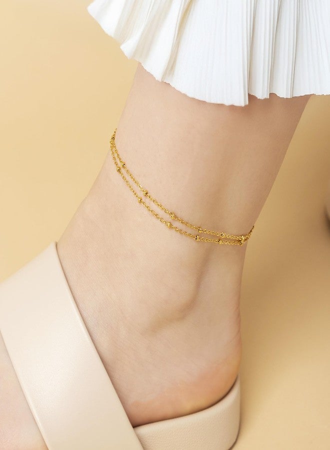 Amberta Silver Gold Waterproof Ankle Bracelets for Women | Boho Layered Anklets for Women | Summer Jewelry, Adjustable Ankle Chain Beaded Rope Heart: Gold Beads - Image 2