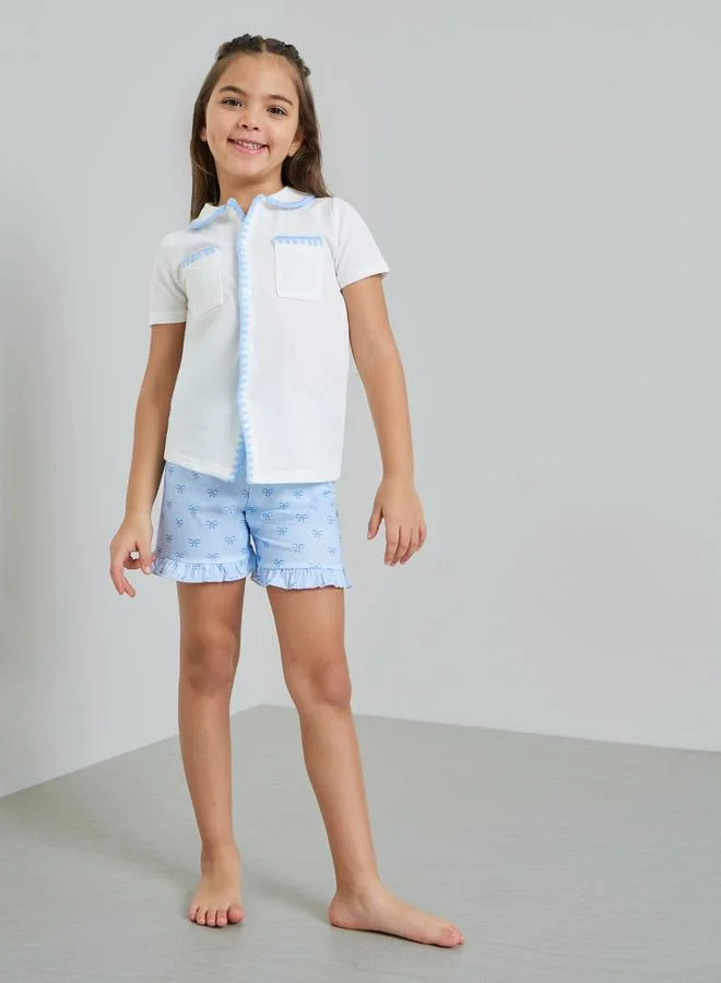 Styli Girls Embroidered Button Front Top and Printed Shorts Set