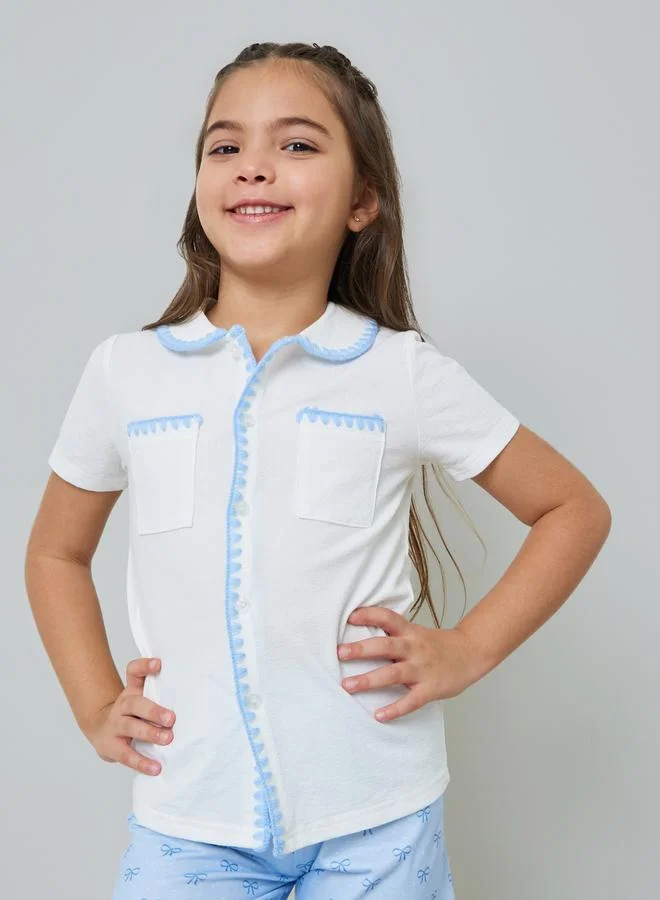 Styli Girls Embroidered Button Front Top and Printed Shorts Set