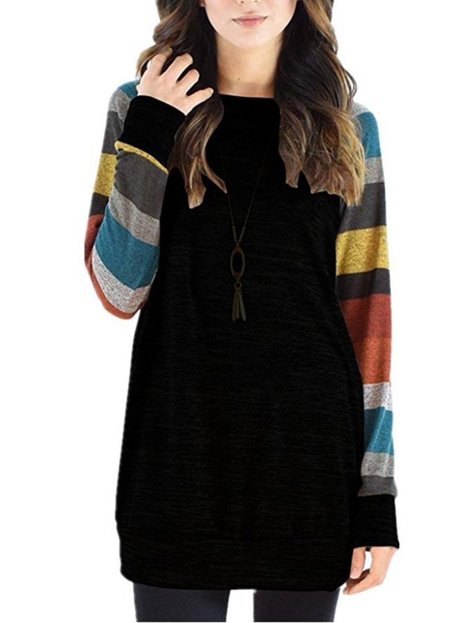 Spring And Autumn Large Size Women's Clothing Color-matching Raglan Long-sleeve Casual Sweater Striped Printed Round Neck T-shirt