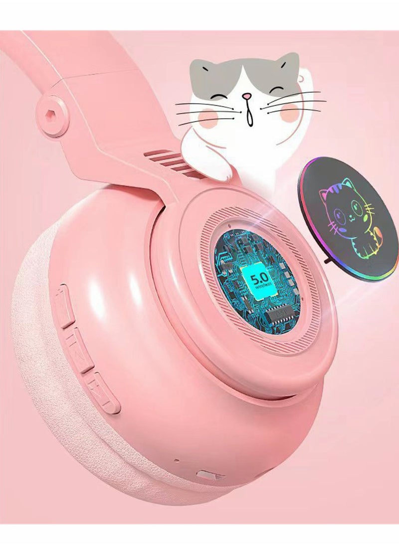 Excefore - Wireless Bluetooth Headphones Kids Over-Ear Cat Ear LED Light Up Foldable for Girls Toddlers  Fire Tablet/Laptop/iPad/School - Image 1