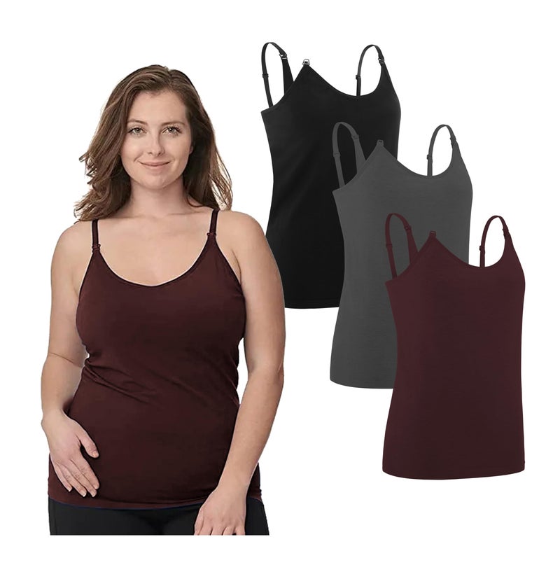 Under Control Nursing Cami Tank Tops for Breastfeeding Women Nursing Tops Maternity Shirts, Camisoles with Built in Bra 3Pack (US, Alpha, Regular, Regular, Large/Dark Grey/Burgendy) - Image 1