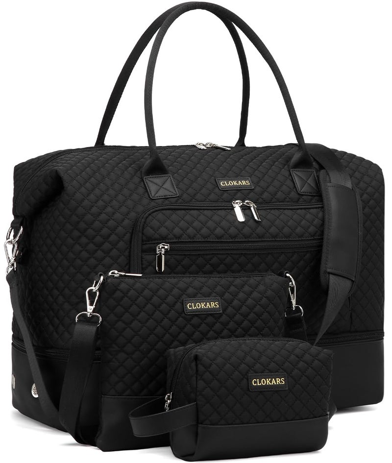 CLOKARS Weekender Bags for Women, Travel Duffle Bag Carry On Overnight Bag with Cosmetics Bag and Crossbody Purse for Gym Hospital, Gifts for Women, Black - Image 1