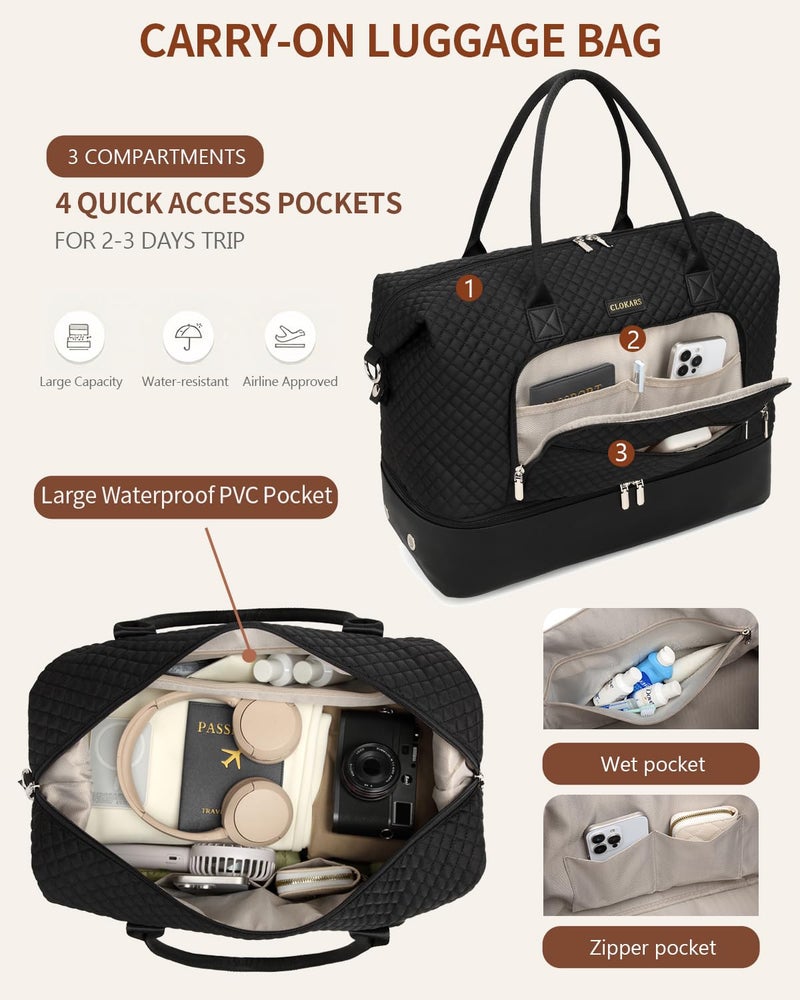 CLOKARS Weekender Bags for Women, Travel Duffle Bag Carry On Overnight Bag with Cosmetics Bag and Crossbody Purse for Gym Hospital, Gifts for Women, Black - Image 5
