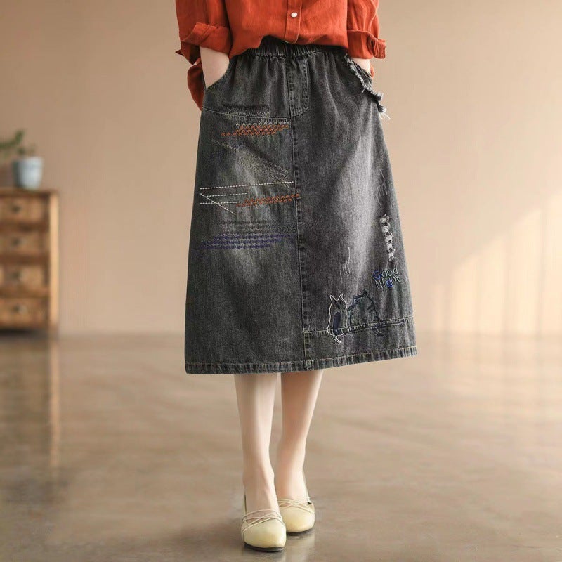 Artistic Ethnic Style Embroidered Patch Ripped Denim Skirt Womens Loose Slimming Mid-Length Skirt 2023 Grey-Skirt - Image 1