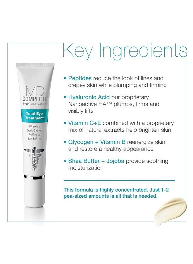 MD Complete by Dr. Brian Zelickson MD Complete Total Eye Treatment | Anti-Aging Hydrating Skin Renewal Eye Treatment | with Peptides, Vitamins C & E and Hyaluronic Acid for Wrinkles, Fine Lines and Crows Feet 0.5 fl oz - Image 3
