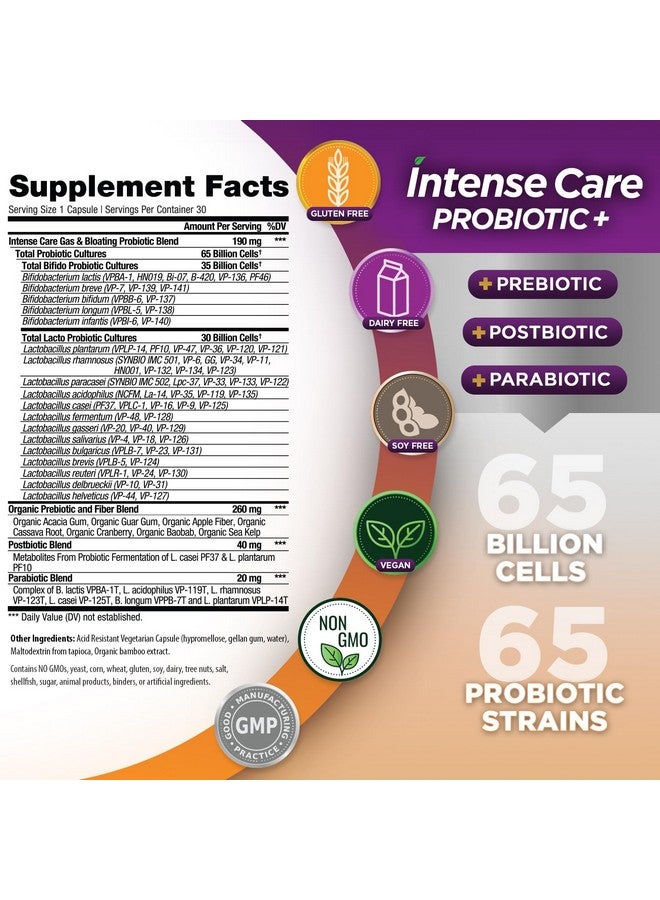 Vital Planet - Intense Care Gas & Bloating Probiotics Plus Prebiotics, Postbiotics, Parabiotics, Complete 4-in-1 Supplement for Adults, 65 Billion CFU, 65 Strains, Digestive and Immune, 30 ct - Image 2