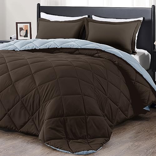 downluxe Queen Comforter Set  Brown and Blue Queen Comforter Soft Bedding Sets for All Seasons 3 Pieces  1 Comforter 88x92 and 2 Pillow Shams20x26