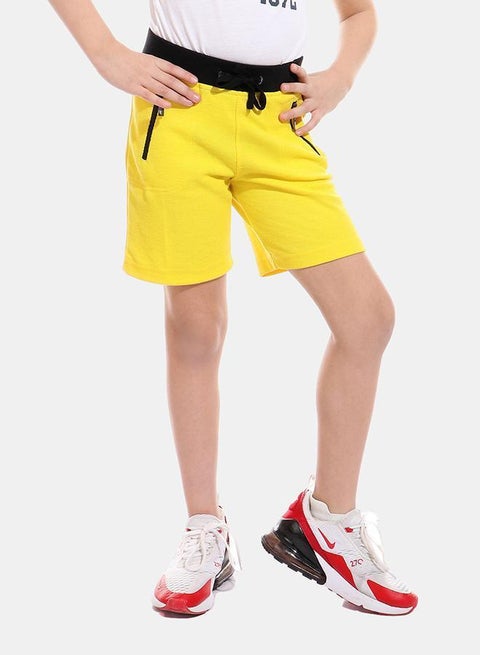 Kady Two-Tone Zip Side Pocket Drawstring Elastic Waist Sweat Shorts For Boys - Yellow, 4 Years